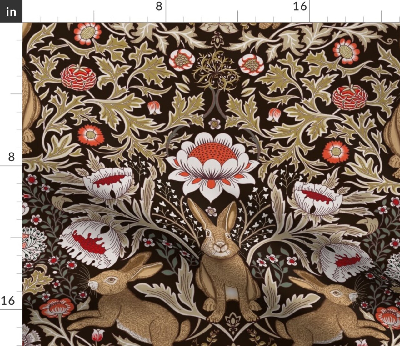 Rabbit Neutral Damask Red Floral Botanical Earth Tones Traditional Arts And Crafts Custom Printed Fabric by Spoonflower Various Fabrics by the Yard or Fat Quarter